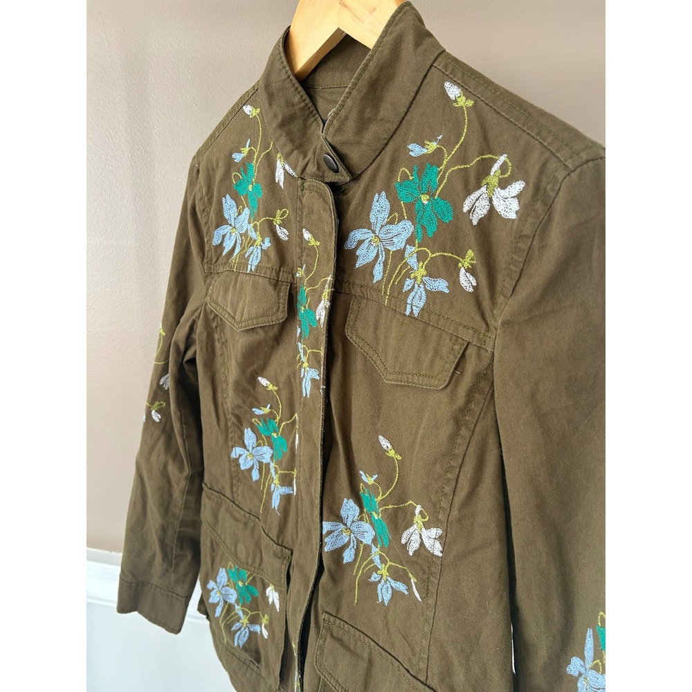Ann Taylor Womens Small Floral Embroidered Utility Jacket Olive Green Field Coat
